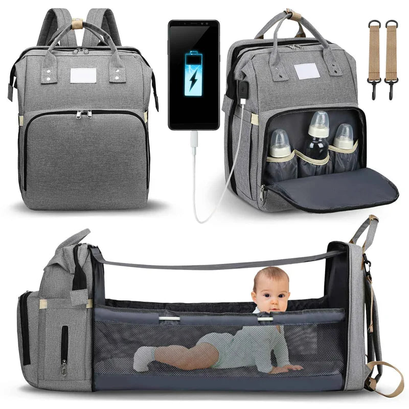 K-DAS, Portable Folding Crib Diaper Bag Multi-Function,Grey / Black / Sky Blue