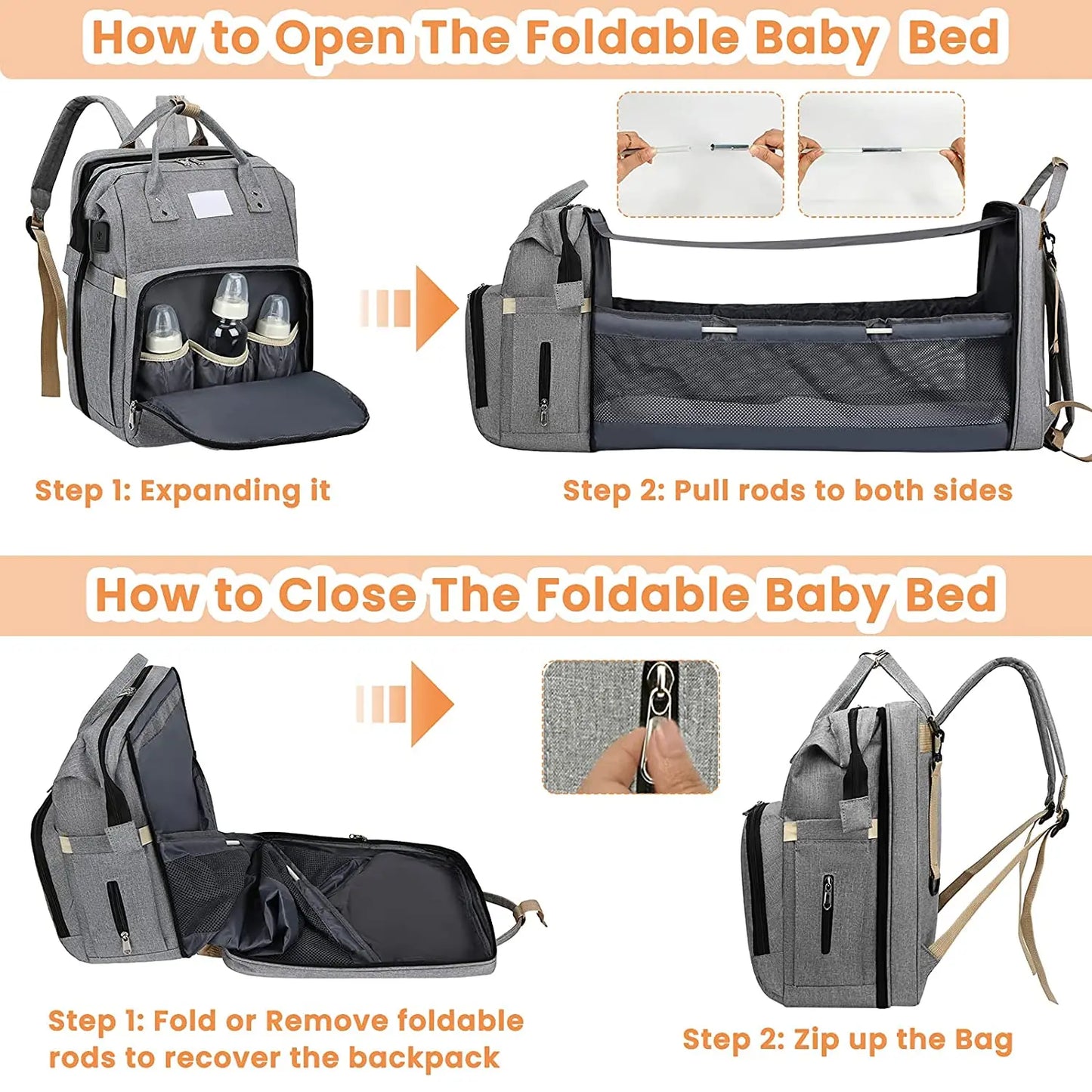 K-DAS, Portable Folding Crib Diaper Bag Multi-Function,Grey / Black / Sky Blue